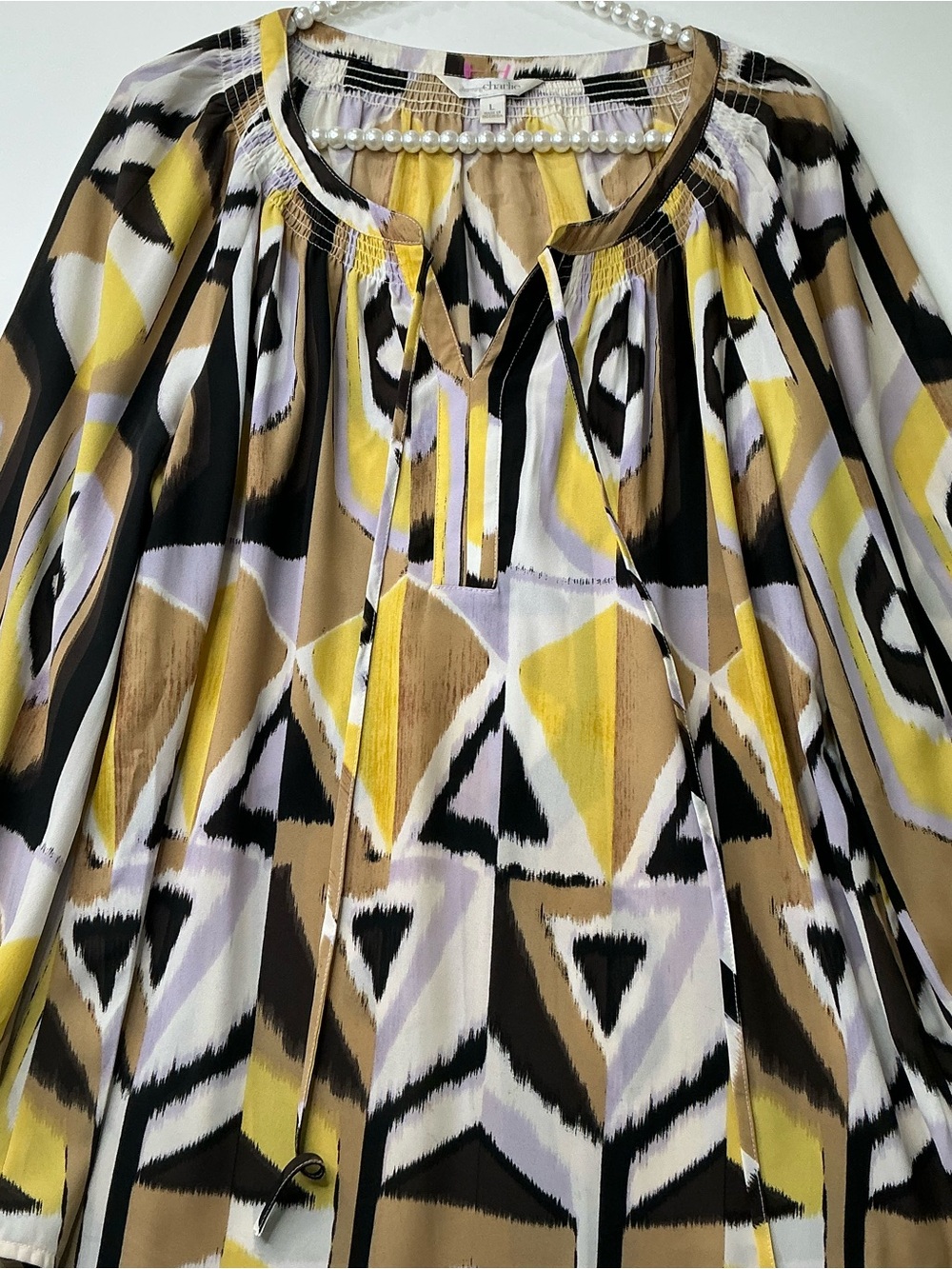 Charming Charlie WomenBlouse Yellow Grey Abstract Design Long Sleeve Flowy Large